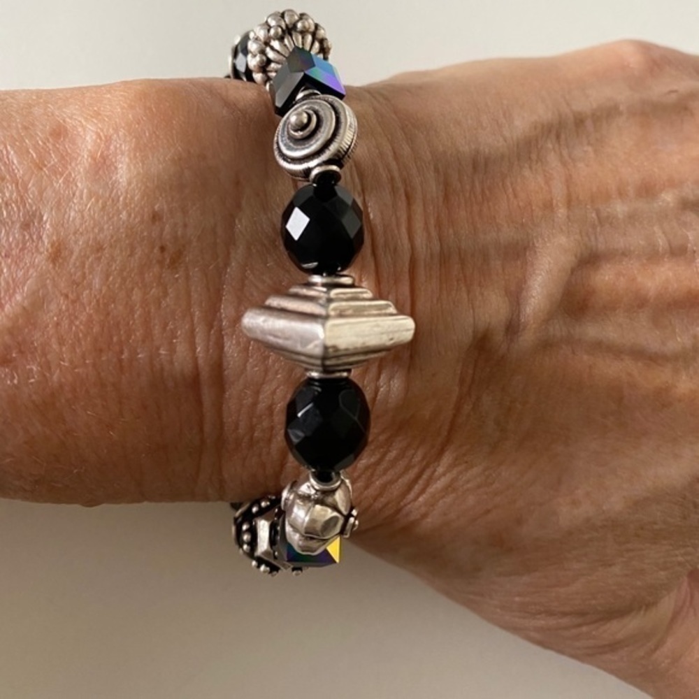 925 Sterling Silver Chunky Boho black Swarovski crystal beaded bracelet NEW